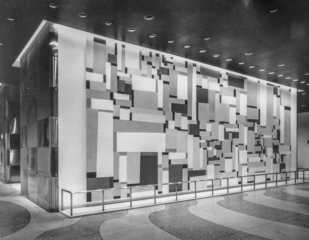A photo from 1978, showcasing the prominence of Fritz Glarner's "Relational Painting #88" in the lobby of 1271 Avenue of the Americas, 