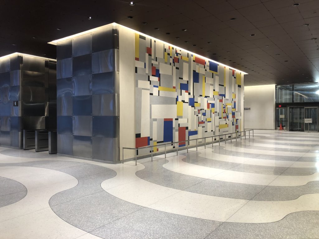 A photo of the restored "Relational Painting #88," Fritz Glarner's 1960 work of art in the lobby of 1271 Avenue of the Americas, April 2019.